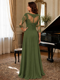 A-Line Chiffon Mother of the Bride Dress with Floral Applique 3/4 Sleeves
