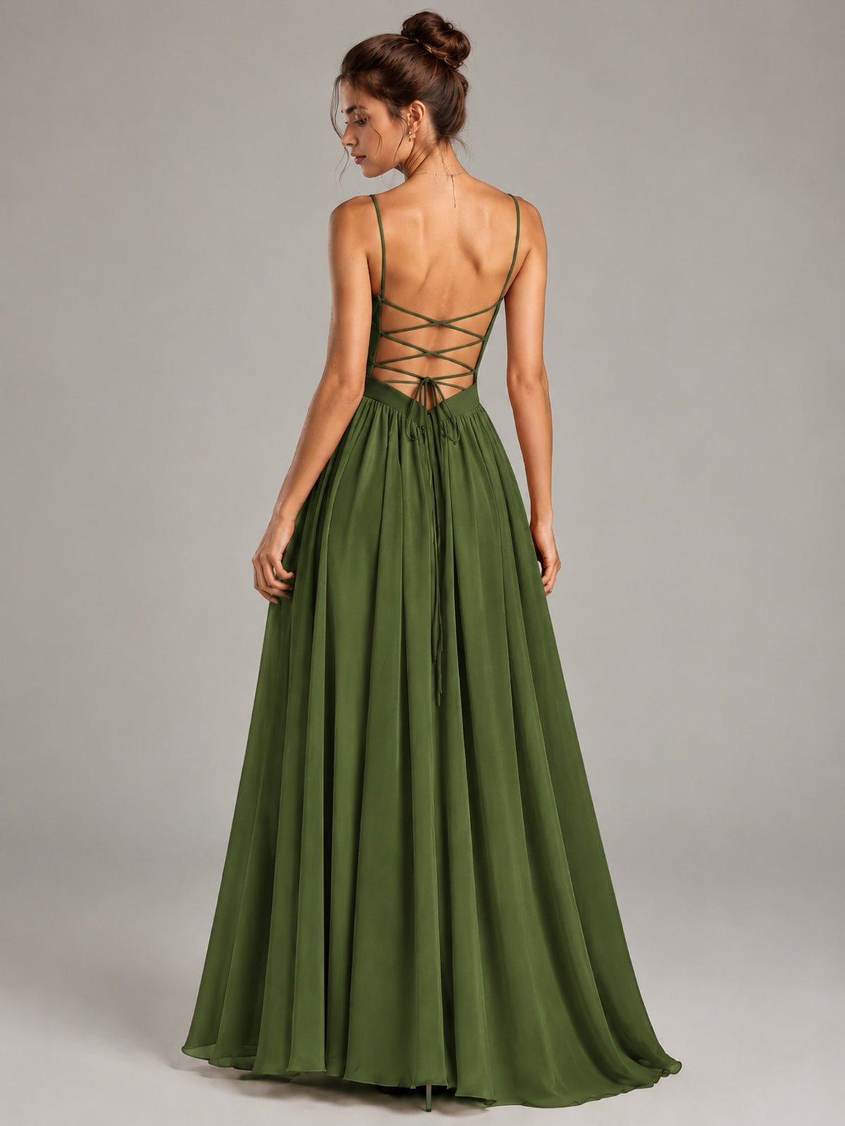 Spaghetti Strap Ruched Chiffon Maxi Dress with Backless