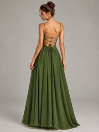 Spaghetti Strap Ruched Chiffon Maxi Dress with Backless