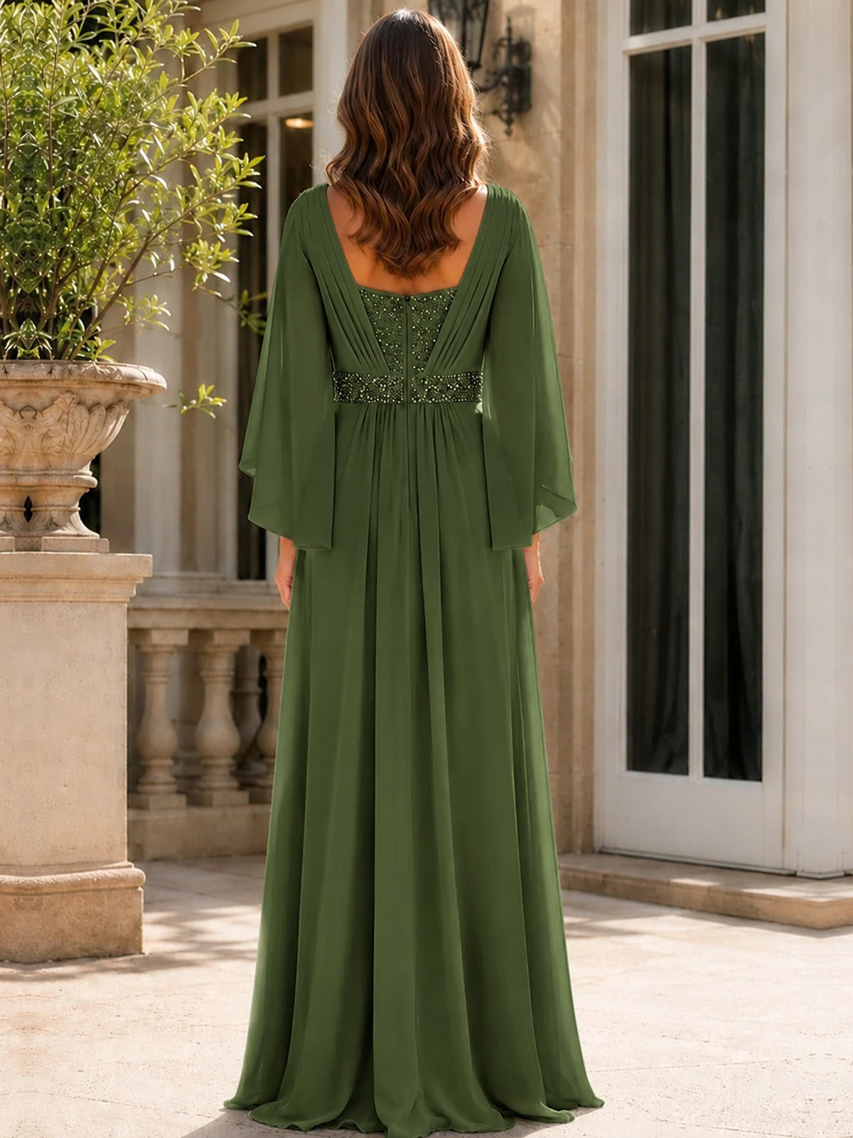 Elegant V-Neck Sequined Chiffon Mother of the Bride Dress with Flutter Sleeves