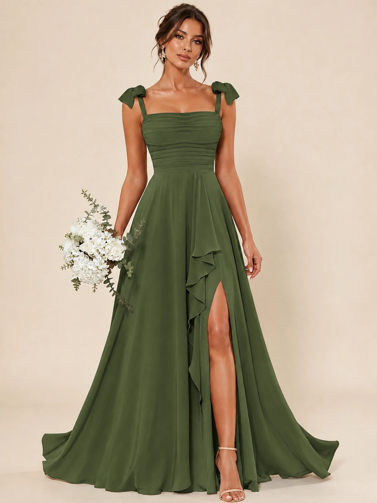 Ruffle Slit Chiffon A Line Scoop Neck Bridesmaid Dresses with Pockets