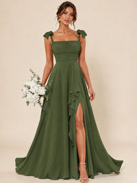 Ruffle Slit Chiffon A Line Scoop Neck Bridesmaid Dresses with Pockets