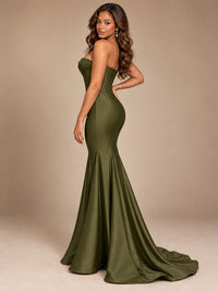 Red Strapless Satin Mermaid Prom Dress with Corset Bodice