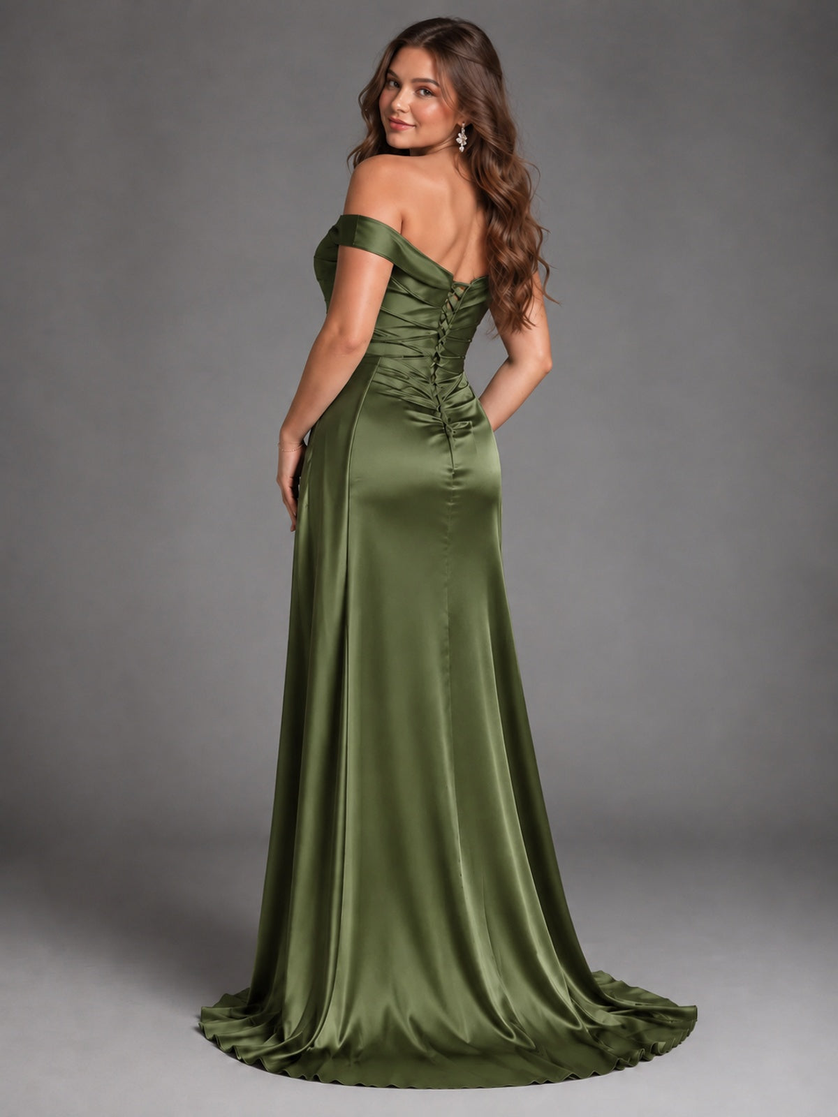 Off Shoulder Satin Maxi Dress with Slit