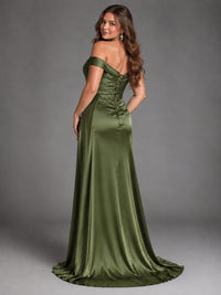 Off Shoulder Satin Maxi Dress with Slit