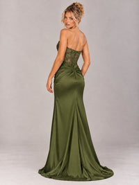 Strapless Satin Prom Dress with Sheer Lace Corset & High Slit