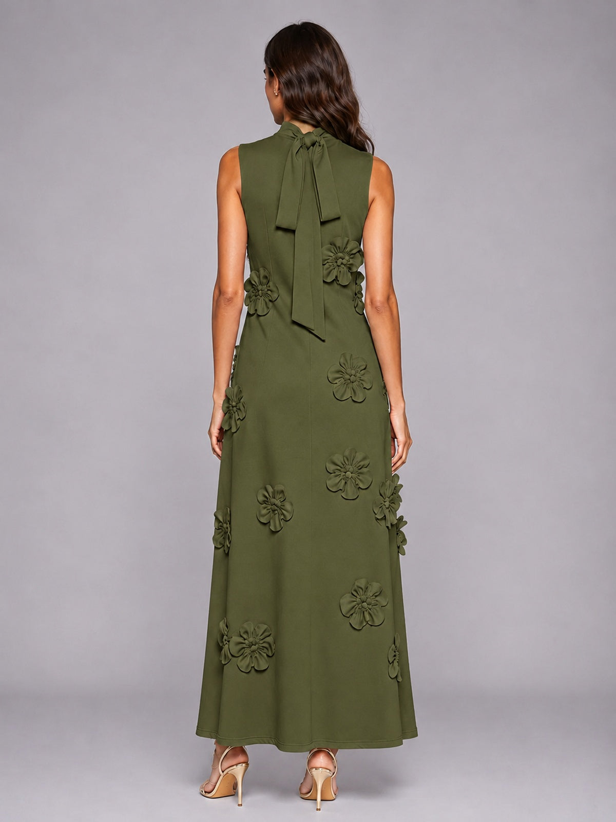 3D Floral Applique High Neck Prom Maxi Dress