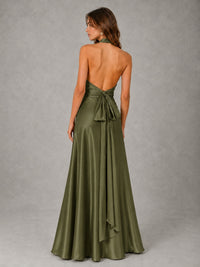 Sage Green Satin A-Line Bridesmaid Dress with Halter Neck