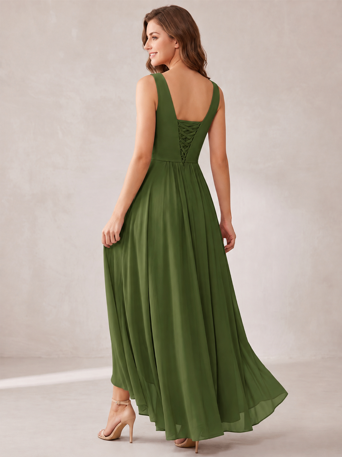 V-Neck High-Low Chiffon Bridesmaid Dress with Ruffles