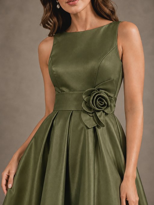 Tea-Length Satin Mother of the Bride Dress with 3D Flower Detail