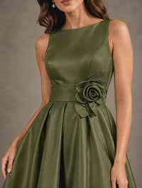 Tea-Length Satin Mother of the Bride Dress with 3D Flower Detail