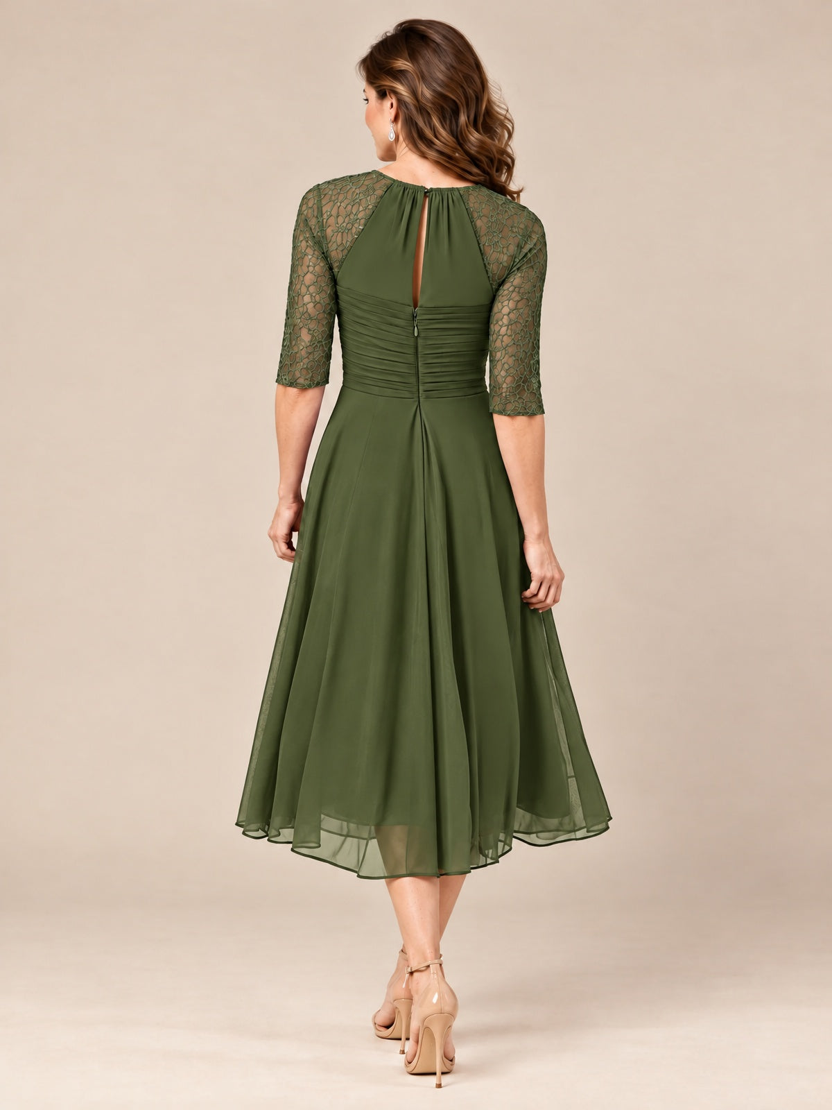 Tea-Length Mother of the Bride Dress with Lace 3/4 Sleeves