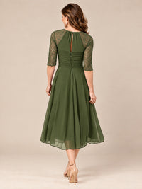 Tea-Length Mother of the Bride Dress with Lace 3/4 Sleeves