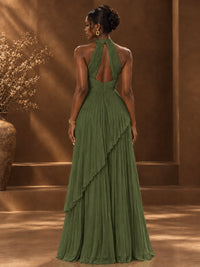 Wrap Pleated Prom Dress Halter A-line Chiffon Formal Wedding Dress