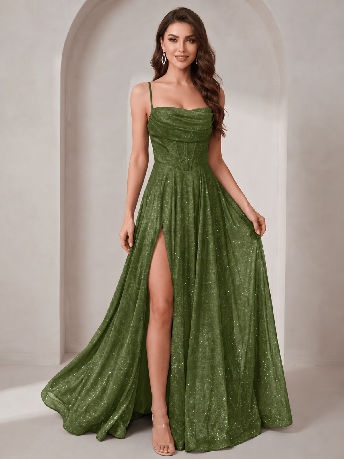 Sparkly Cowl Neck Corset Long Prom Dress with Slit A-line Tulle Ball Gown