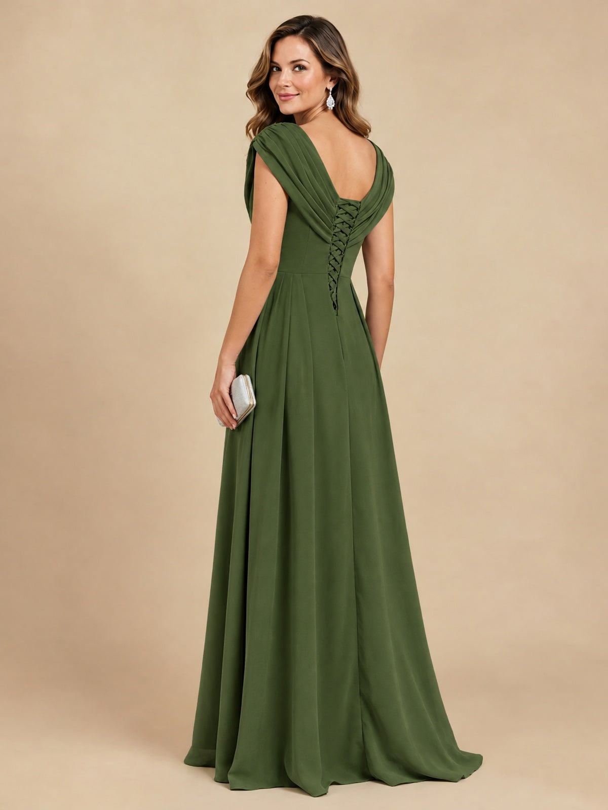 V Neck Pleated Mother of The Bride Dresses with Beading Cap Sleeves