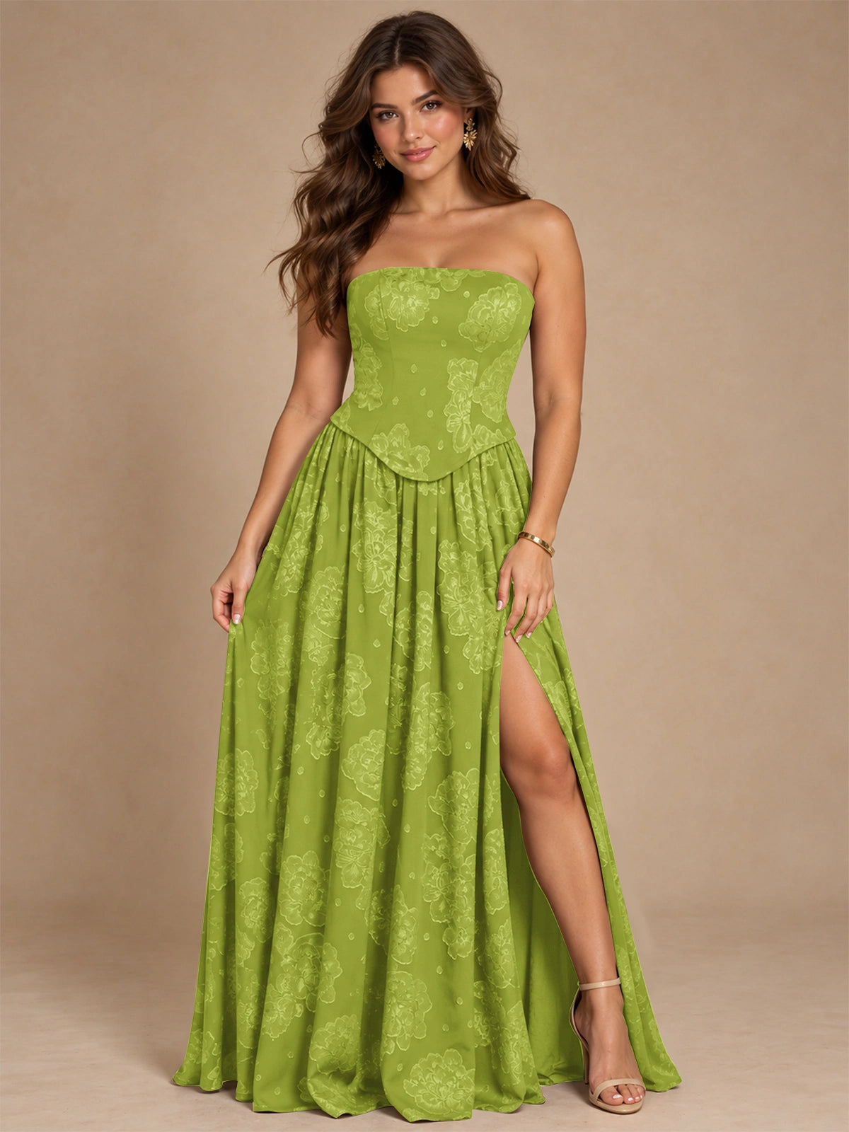 Chocolate Brown Floral Strapless Corset A-Line Evening Gown with Slit