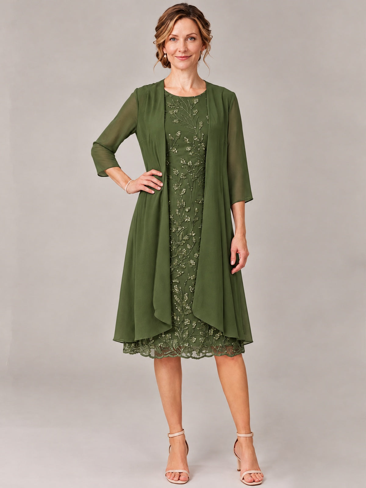 Tea Length Sequin Lace Mother of The Bride Dress with Chiffon Jacket