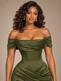 Burgundy Off-the-Shoulder Satin Corset Prom Dress with Slit