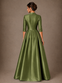 V-Neck Pleated Satin Mother of the Bride Gown with 3/4 Sleeves