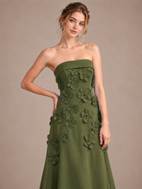 Yellow Strapless 3D Floral Appliques Maxi Dress