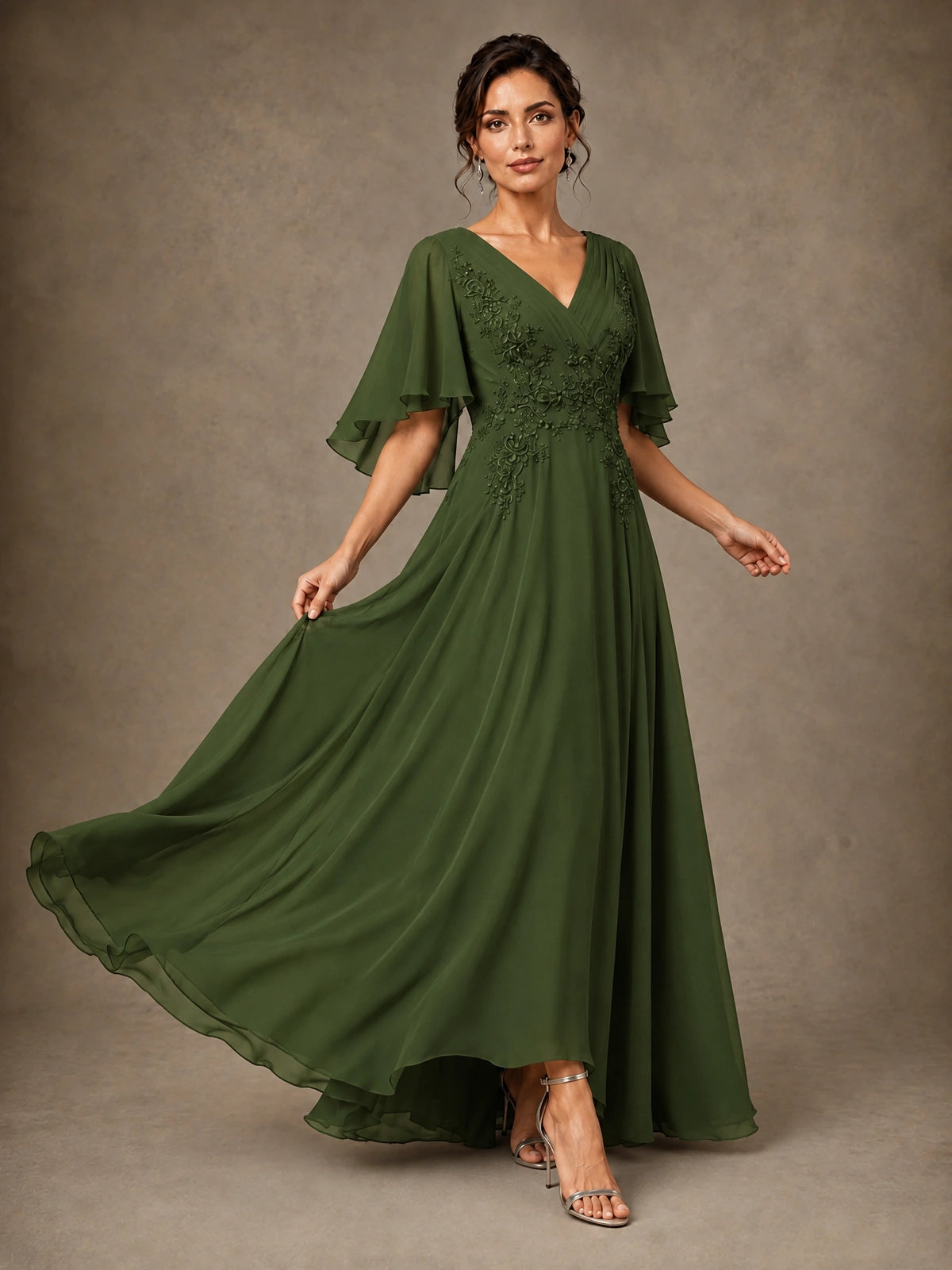 V-Neck Chiffon Lace Mother of the Bride Dress with Flutter Sleeves