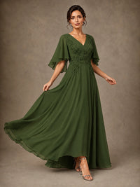 V-Neck Chiffon Lace Mother of the Bride Dress with Flutter Sleeves