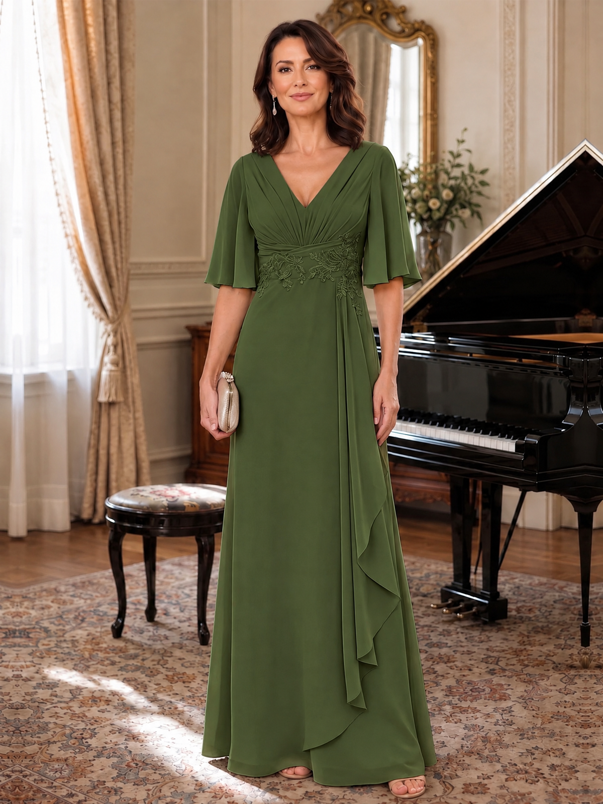 V-Neck Chiffon Lace Mother of the Bride Dresses