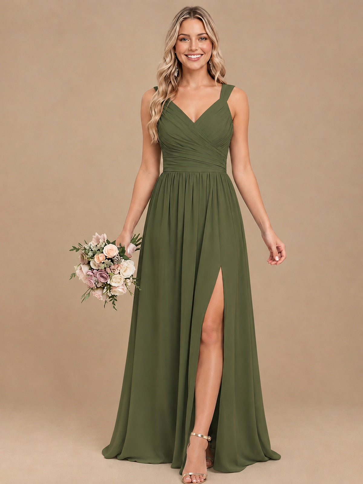 Pleated Chiffon V Neck Wedding Bridesmaid Dresses Floor Length with Slit