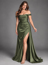 Off Shoulder Satin Maxi Dress with Slit