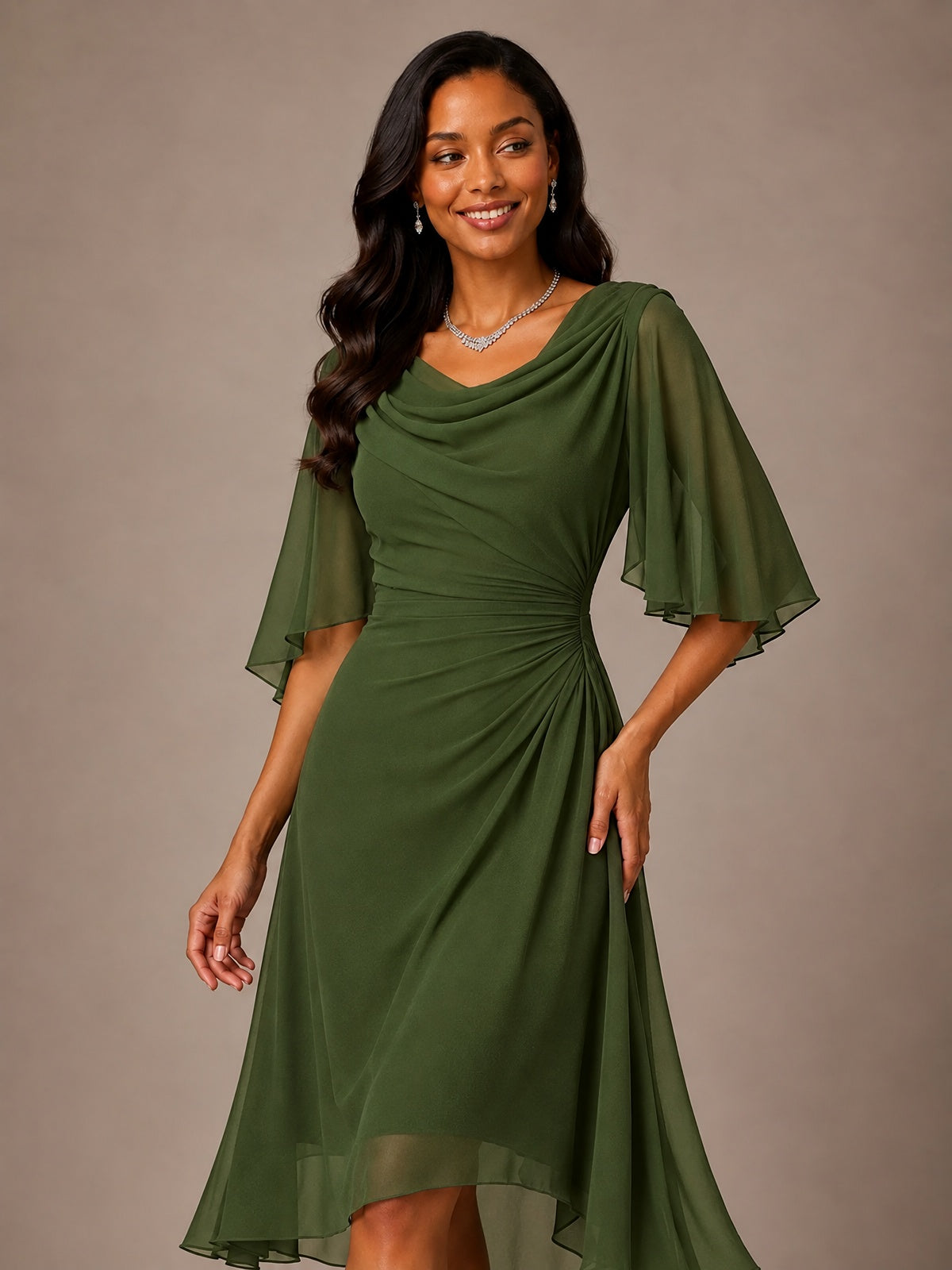 Cowl Neck Ruched Chiffon Mother of the Bride Dresses with Flutter Sleeves