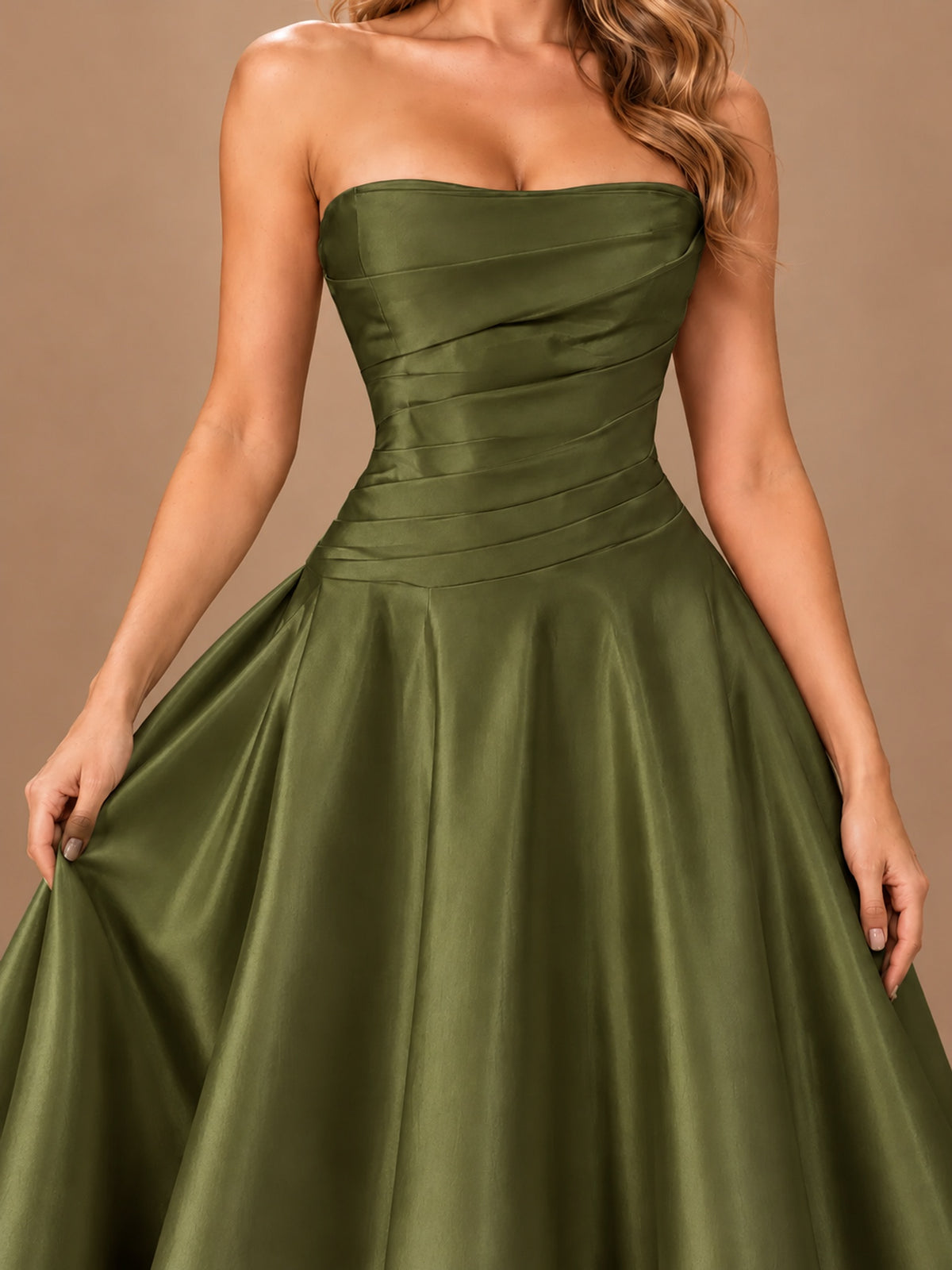 Blush Pink Strapless Satin A-Line Prom Dress with Ruched Bodice