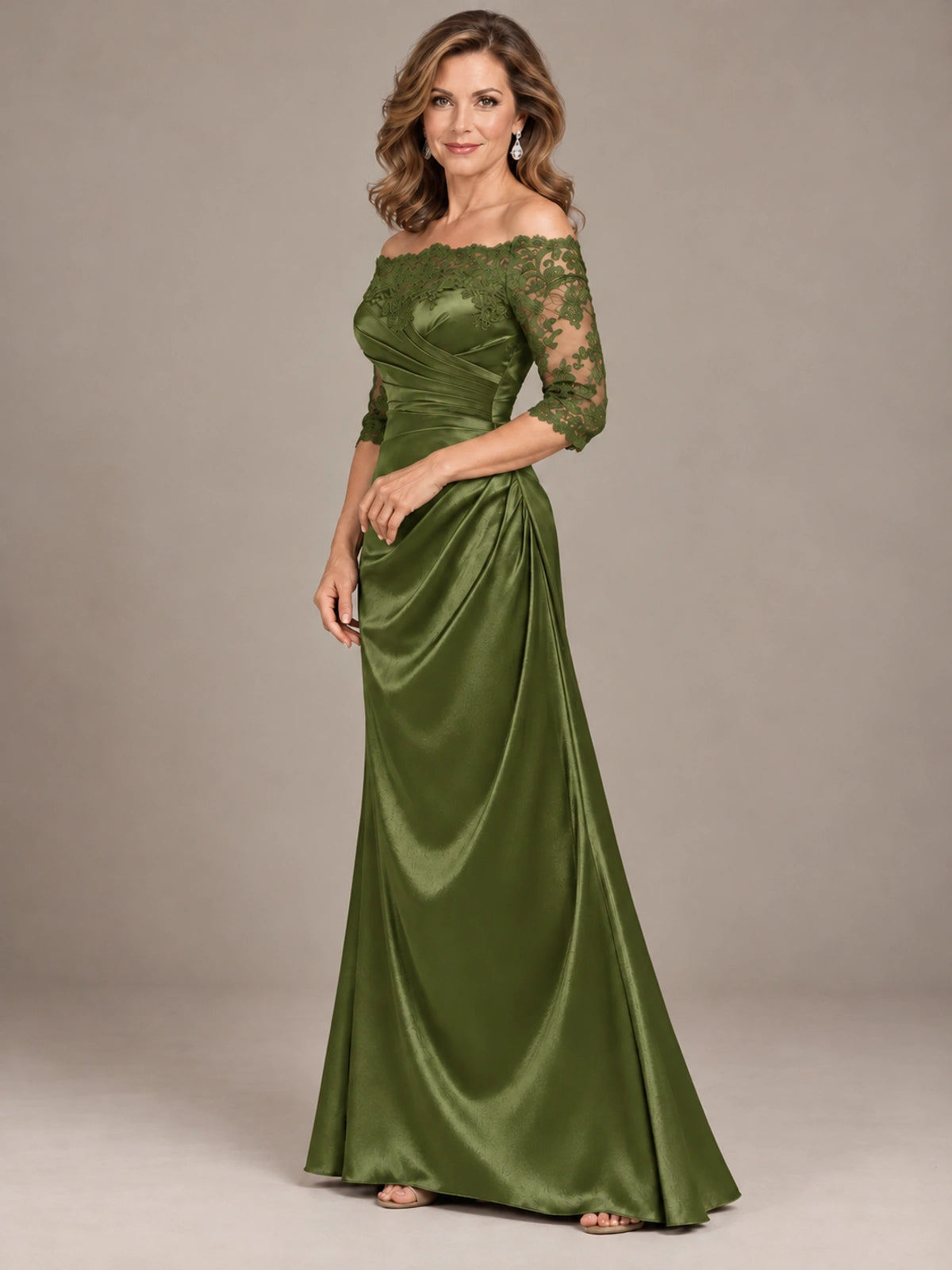 Satin Mother of the Bride Dress with Lace Sleeves Off Shoulder Formal Gown