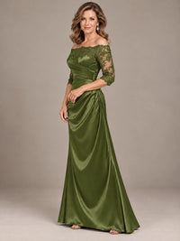 Satin Mother of the Bride Dress with Lace Sleeves Off Shoulder Formal Gown