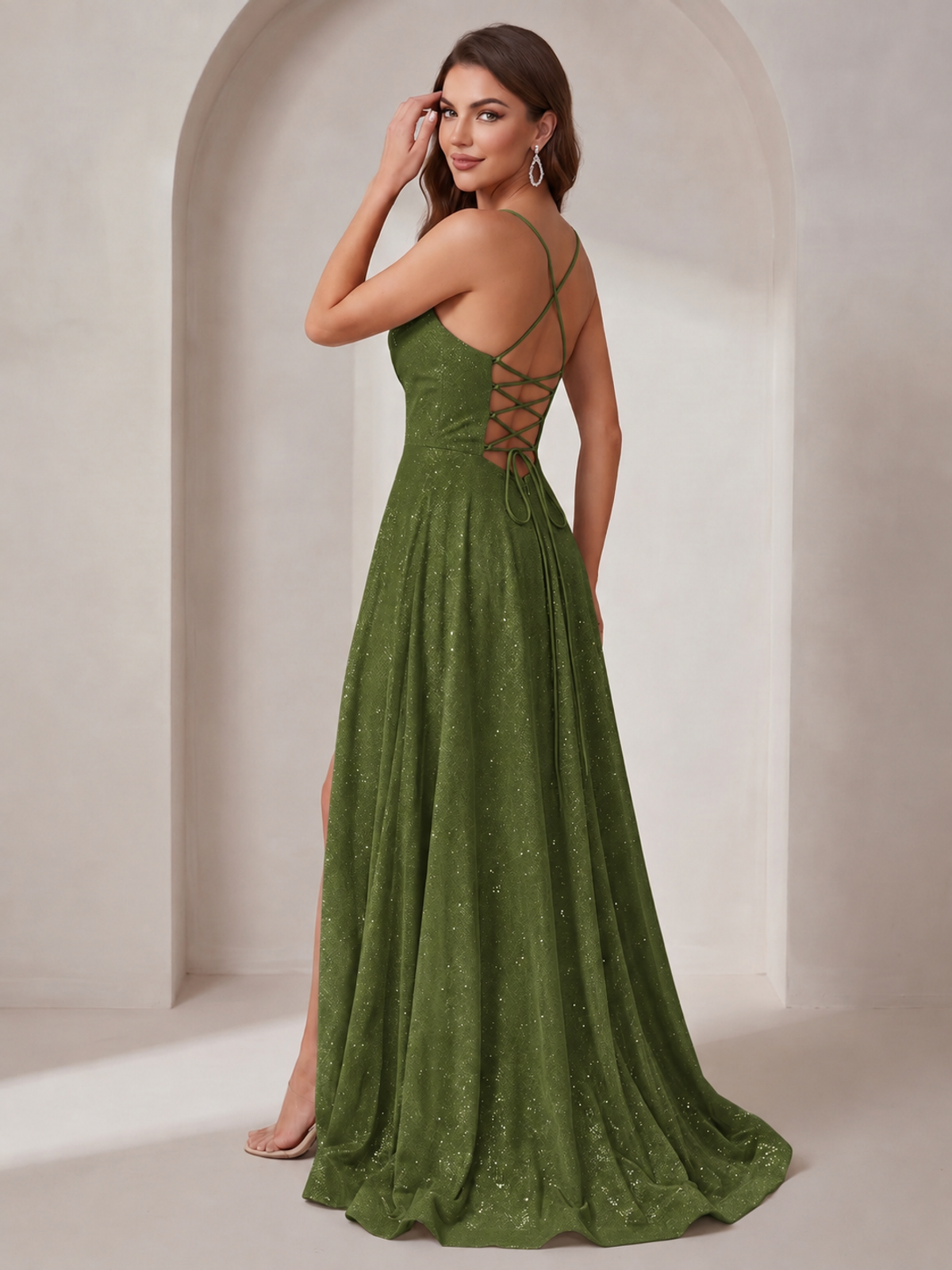 Sparkly Cowl Neck Corset Long Prom Dress with Slit A-line Tulle Ball Gown