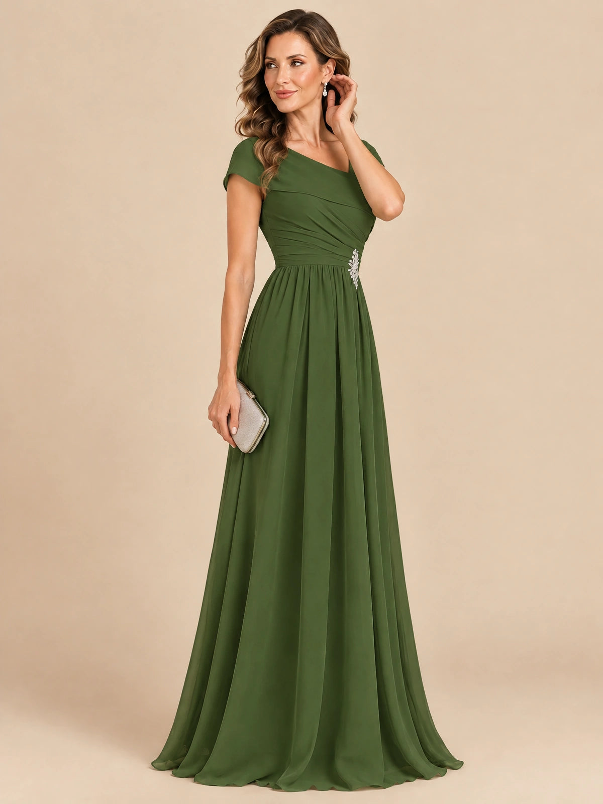 Cap Sleeve Mother of The Bride Dresses Long Chiffon Formal Gowns