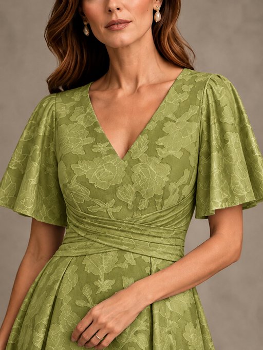 V-Neck Floral Jacquard Tea-Length Mother of the Bride Dress