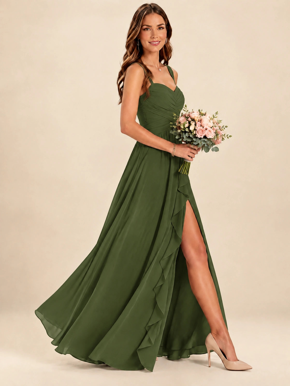 Spaghetti Straps Pleated Chiffon Bridesmaid Dress with Ruffle Slit