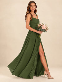 Spaghetti Straps Pleated Chiffon Bridesmaid Dress with Ruffle Slit
