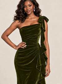 Black Velvet One-Shoulder Mermaid Evening Gown with Bow & Ruffles