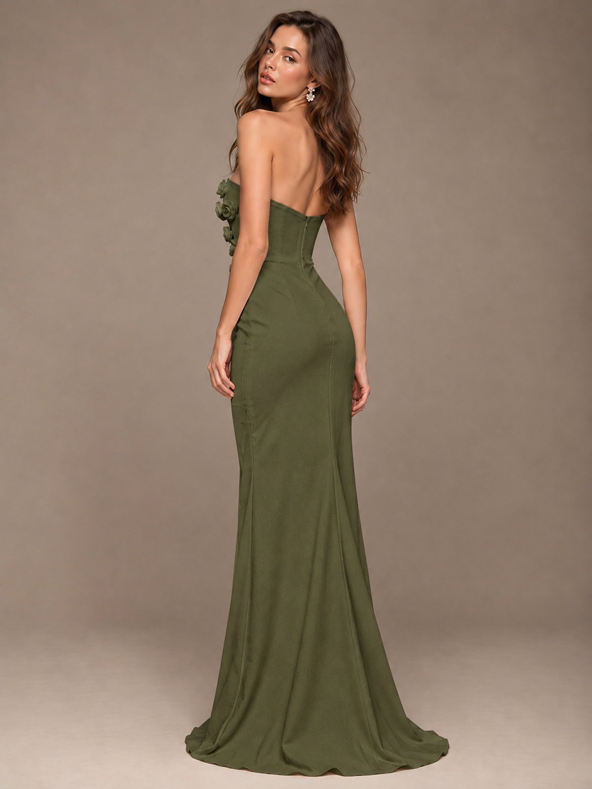 White Strapless Mermaid Maxi Dress with 3D Floral Appliques