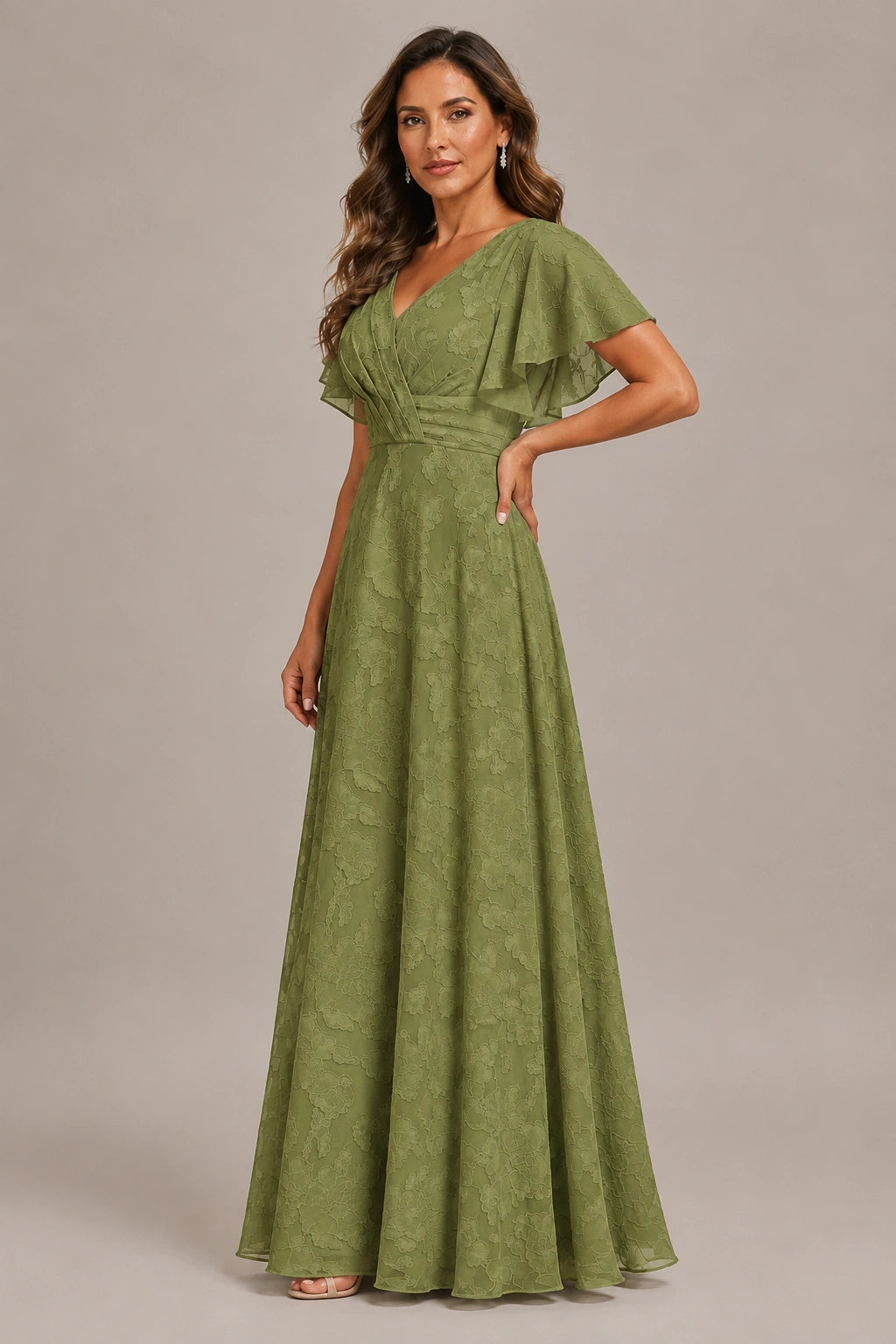 Jovellee Floral Chiffon A-Line Mother of the Bride Dress with Flutter Sleeves