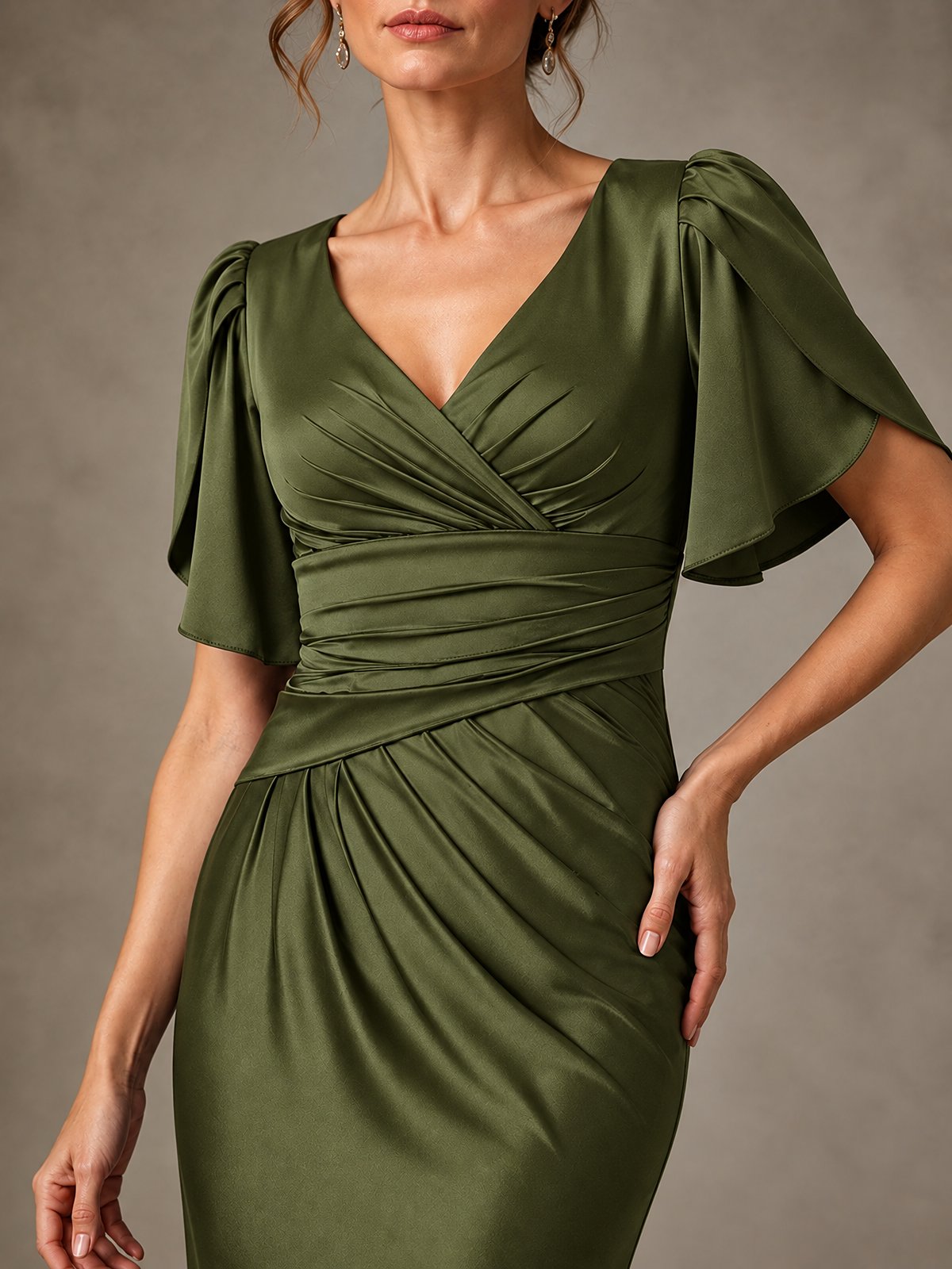 V-Neck Satin Mother of the Bride Dress with Flutter Sleeves