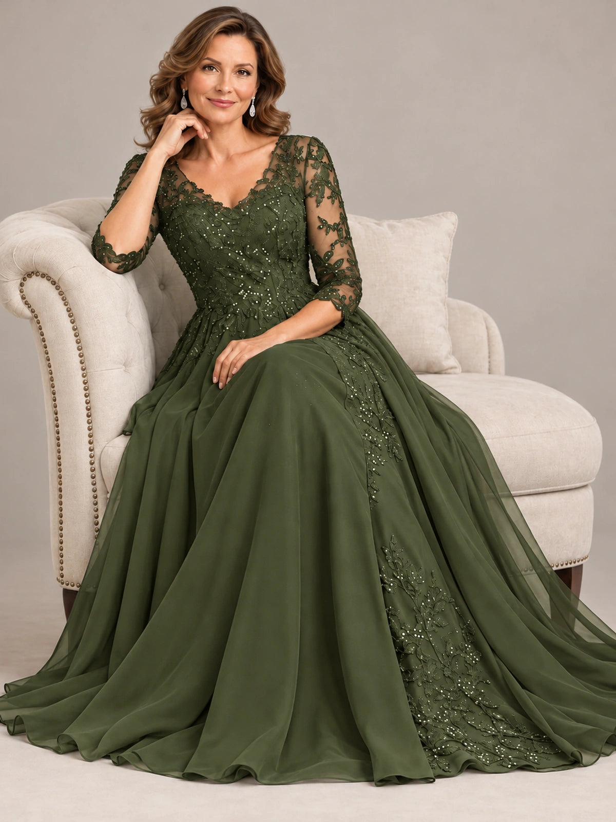 Sequin Lace A-Line Mother of the Bride Dress with 3/4 Sleeves