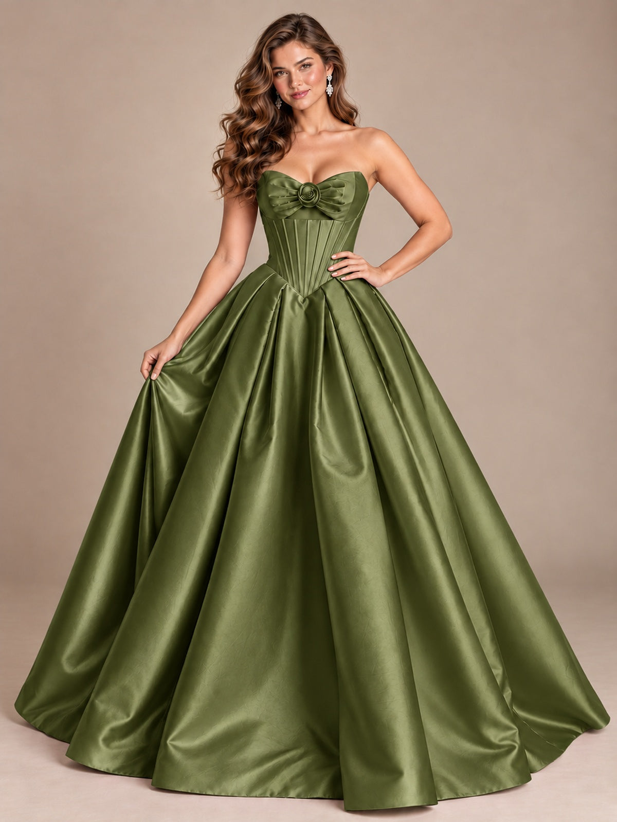 Pink Strapless Corset Satin Prom Derss & Ball Gown with 3D Floral