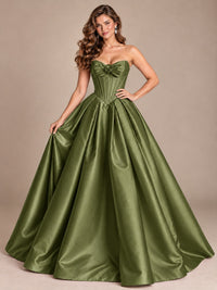 Pink Strapless Corset Satin Prom Derss & Ball Gown with 3D Floral