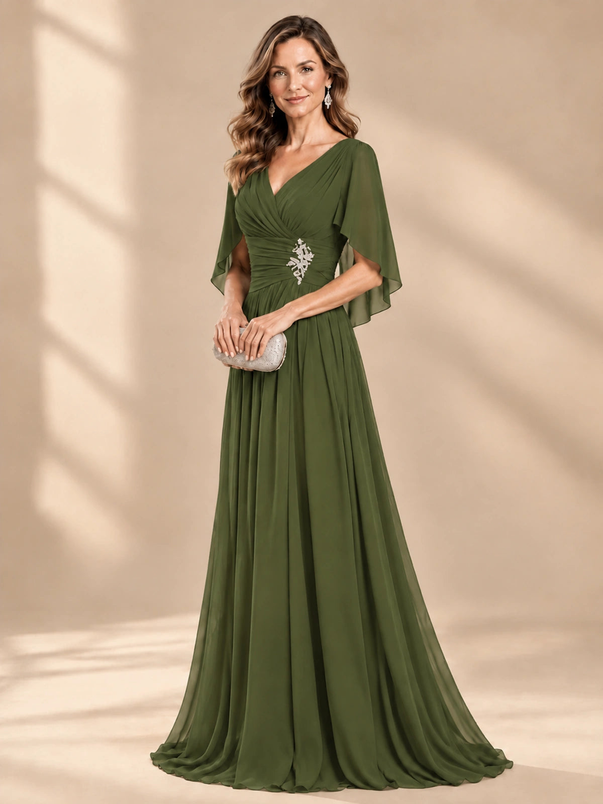 Ruched V Neck Mother of The Bride Dresses with Shawls Appliques and Cap Sleeves