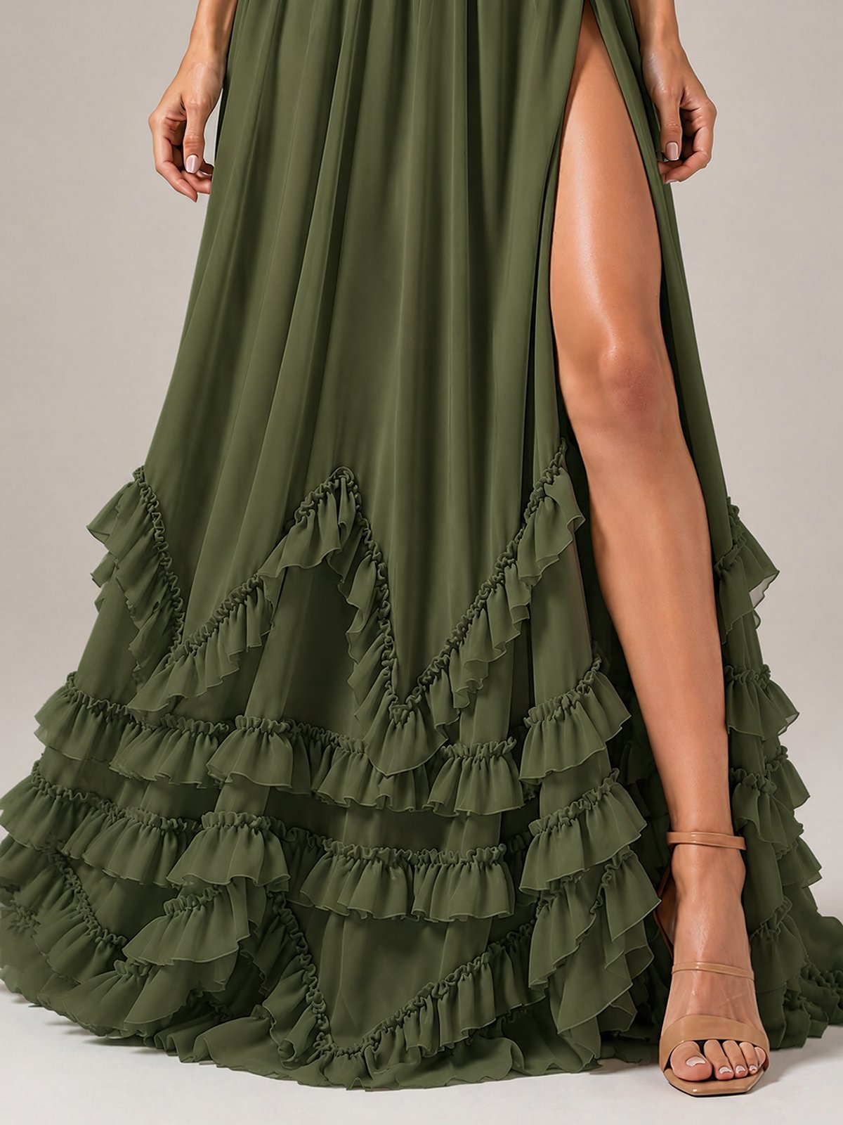 Halter V Neck Chiffon Formal Dress with Lace-Up Back and Ruffle Hem