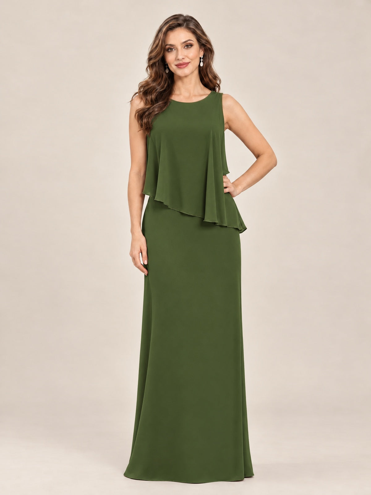 Cape Sleeve Mother of the Bride Dress with Asymmetrical Overlay