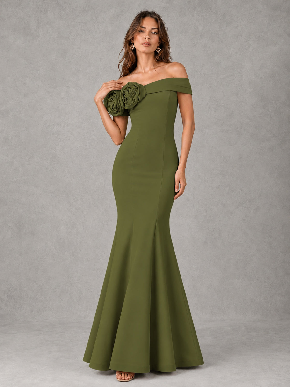 Blush Pink Off Shoulder Mermaid Bridesmaid Dress with Floral Rosette